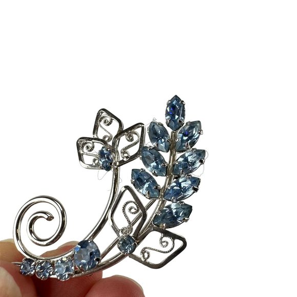 Sterling Silver Floral Brooch with Light Blue Crystals - Picture 4 of 4